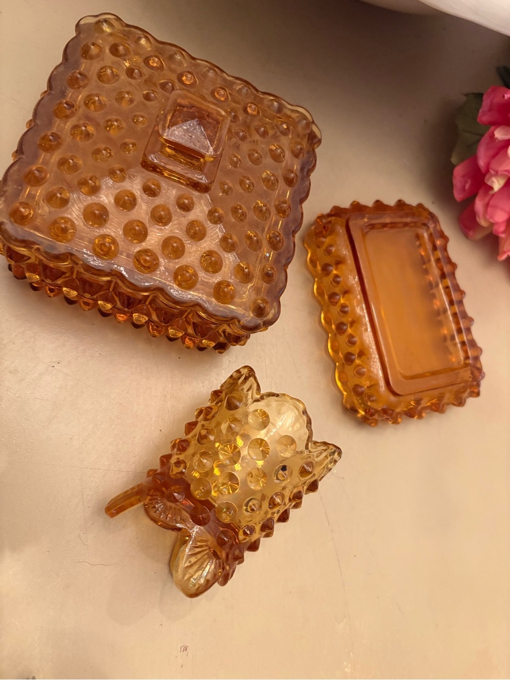 Amber Hobnail Glass Vanity Set - Trinket Dishes and Toothpick Holder